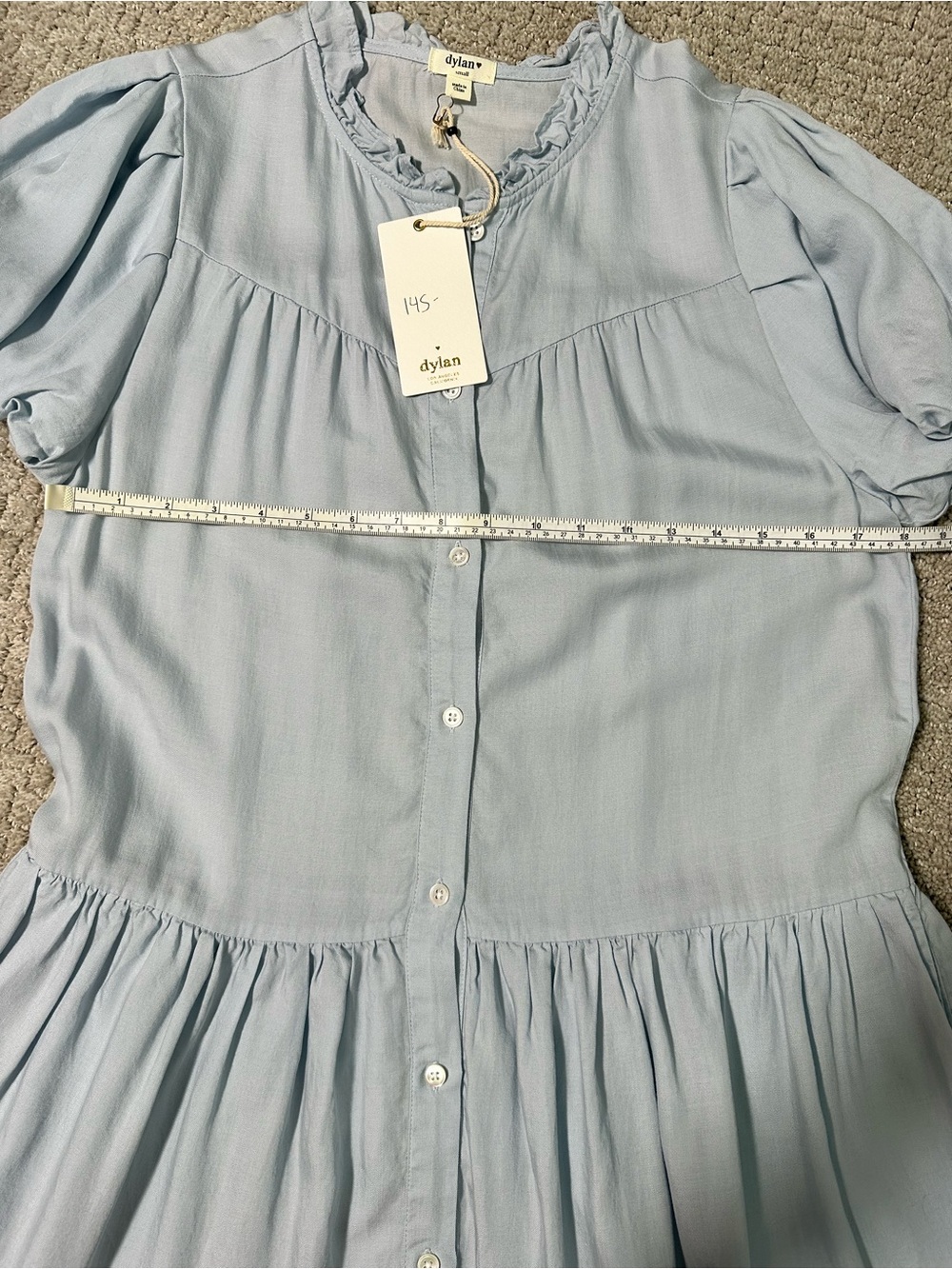 Dylan Los Angeles Blue Tiered Puff Sleeve Dress With Pockets NWT Size Small - Picture 8 of 8